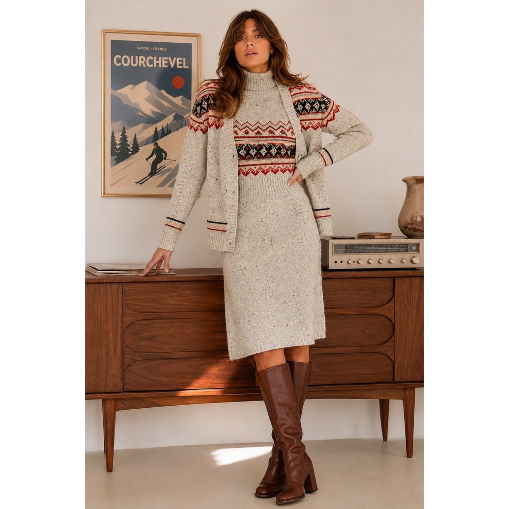 Vintage‎ R2 Wool Blend Fair Isle Sweater Dress Cardigan Set 7 Preppy 70s Nordic